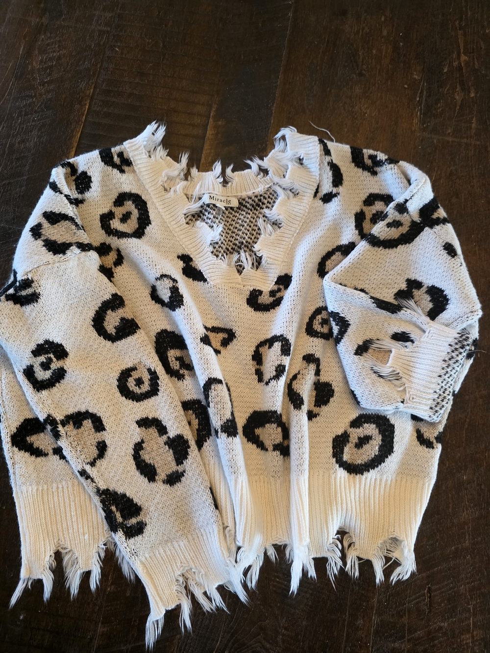 Miracle Distressed V-Neck Leopard Print Sweater - White/Black/Tan